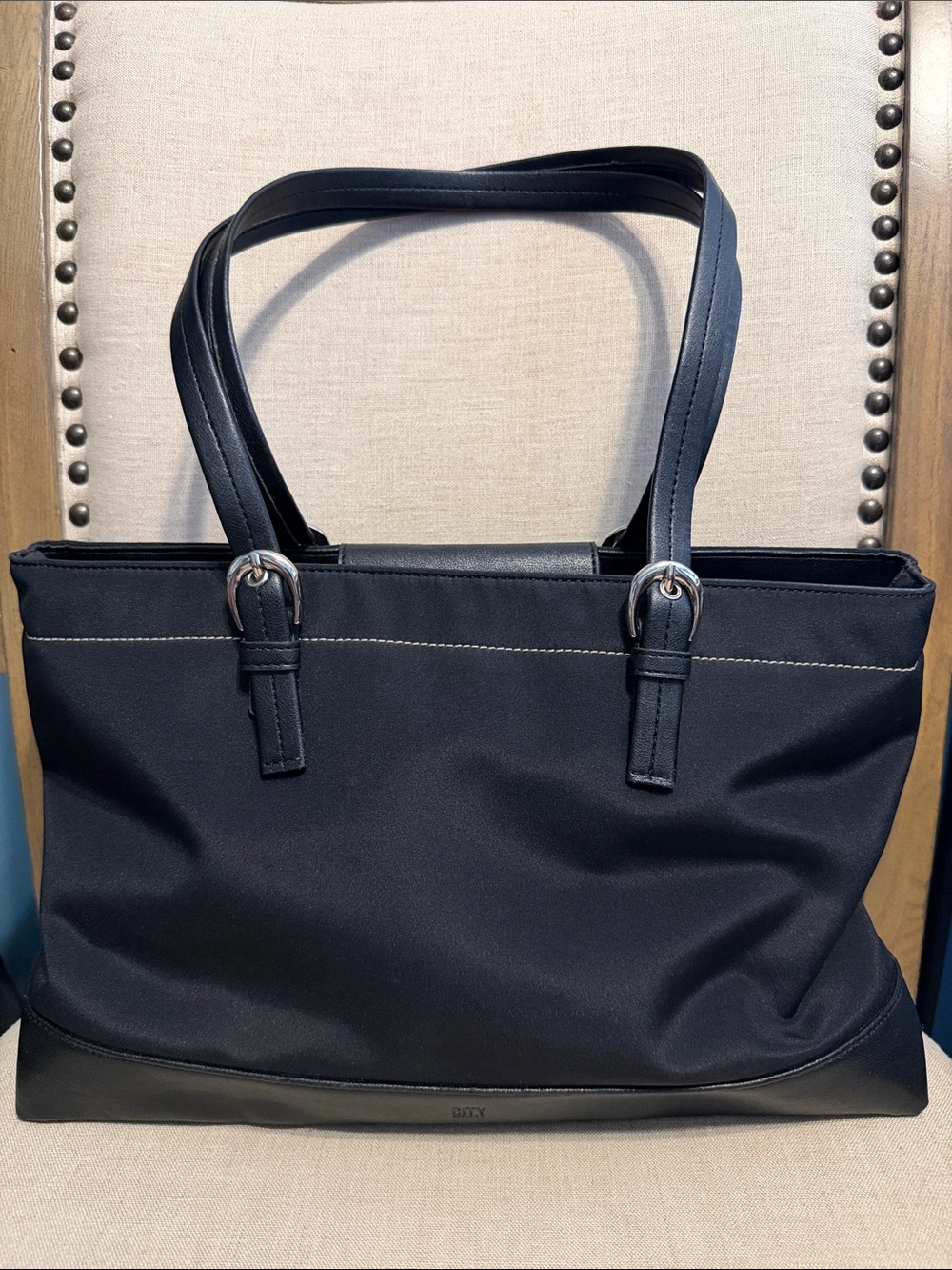 DKNYC Black Nylon Tote Bag with Leather Trim